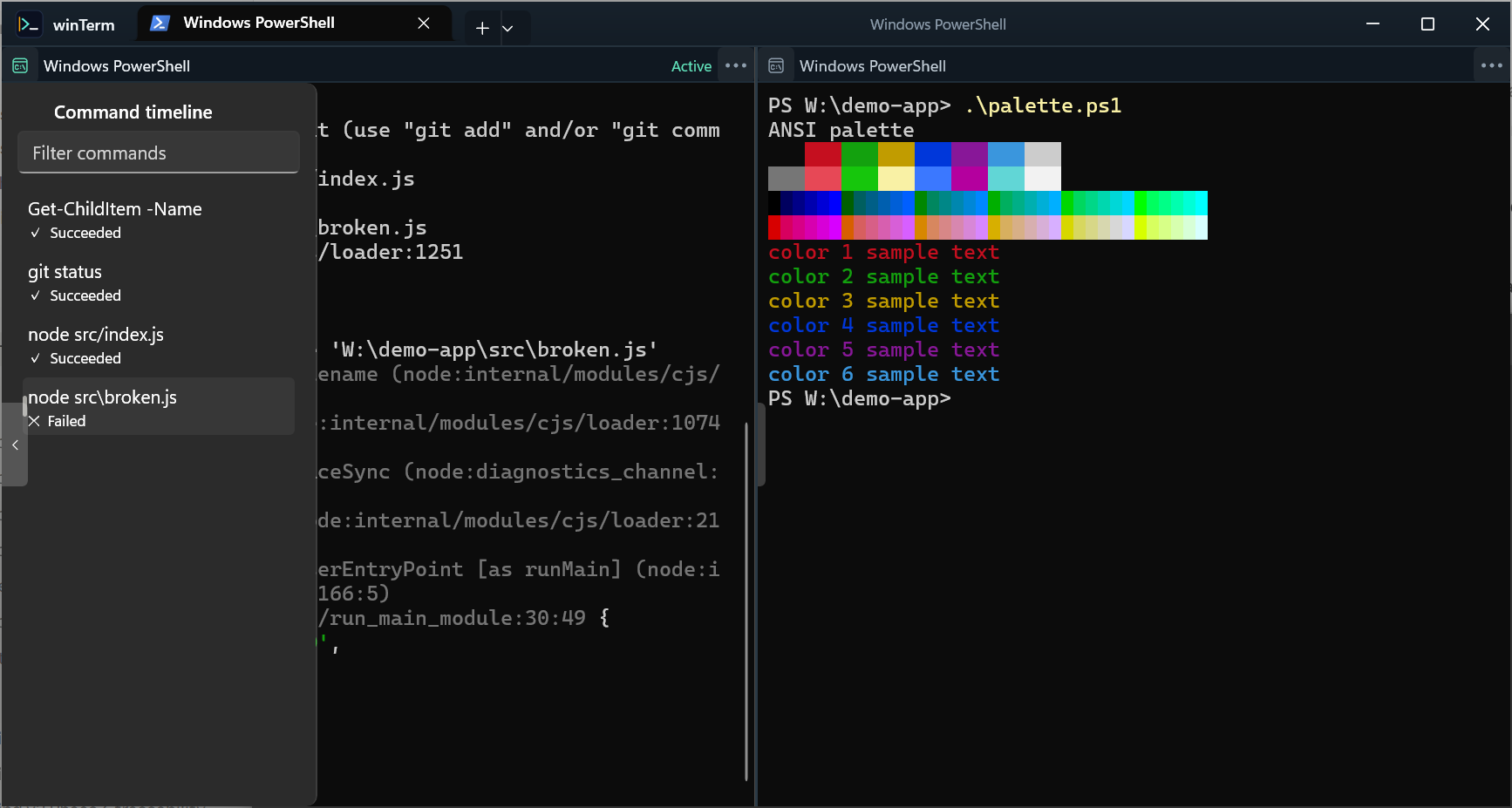 winTerm in the default dark theme with the Command Timeline open beside two split panes, listing completed commands with green check and red cross status marks.