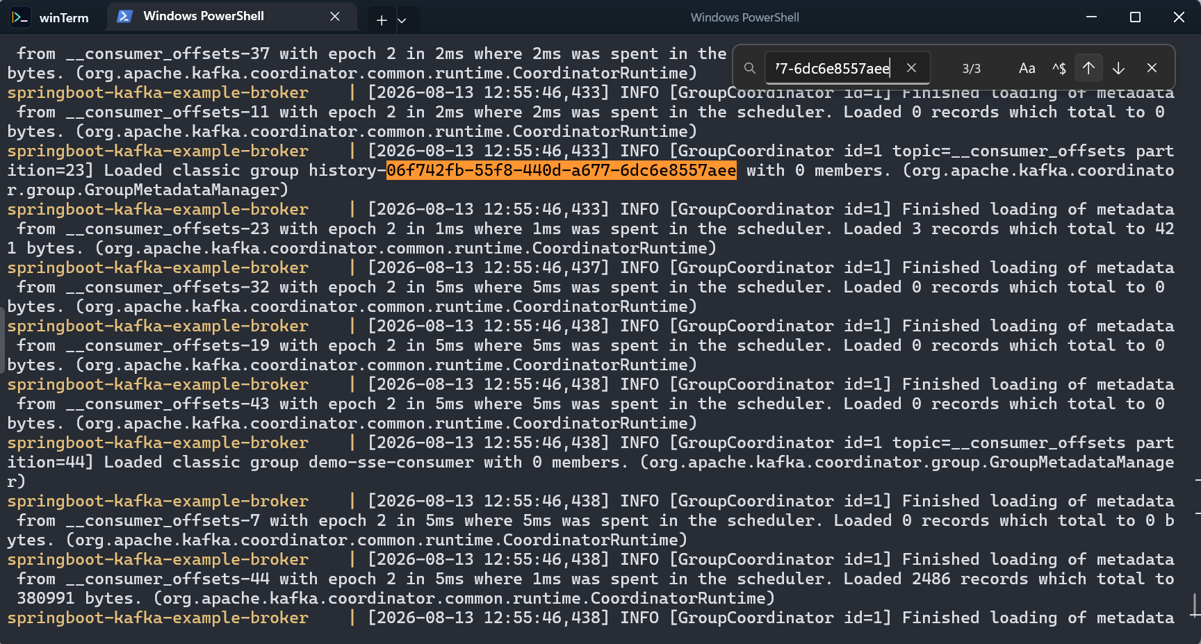 winTerm Pane Search over streaming Kafka broker demo logs: the compact search box shows a GUID query at match 3 of 3 while the matching group id is highlighted in the scrollback.