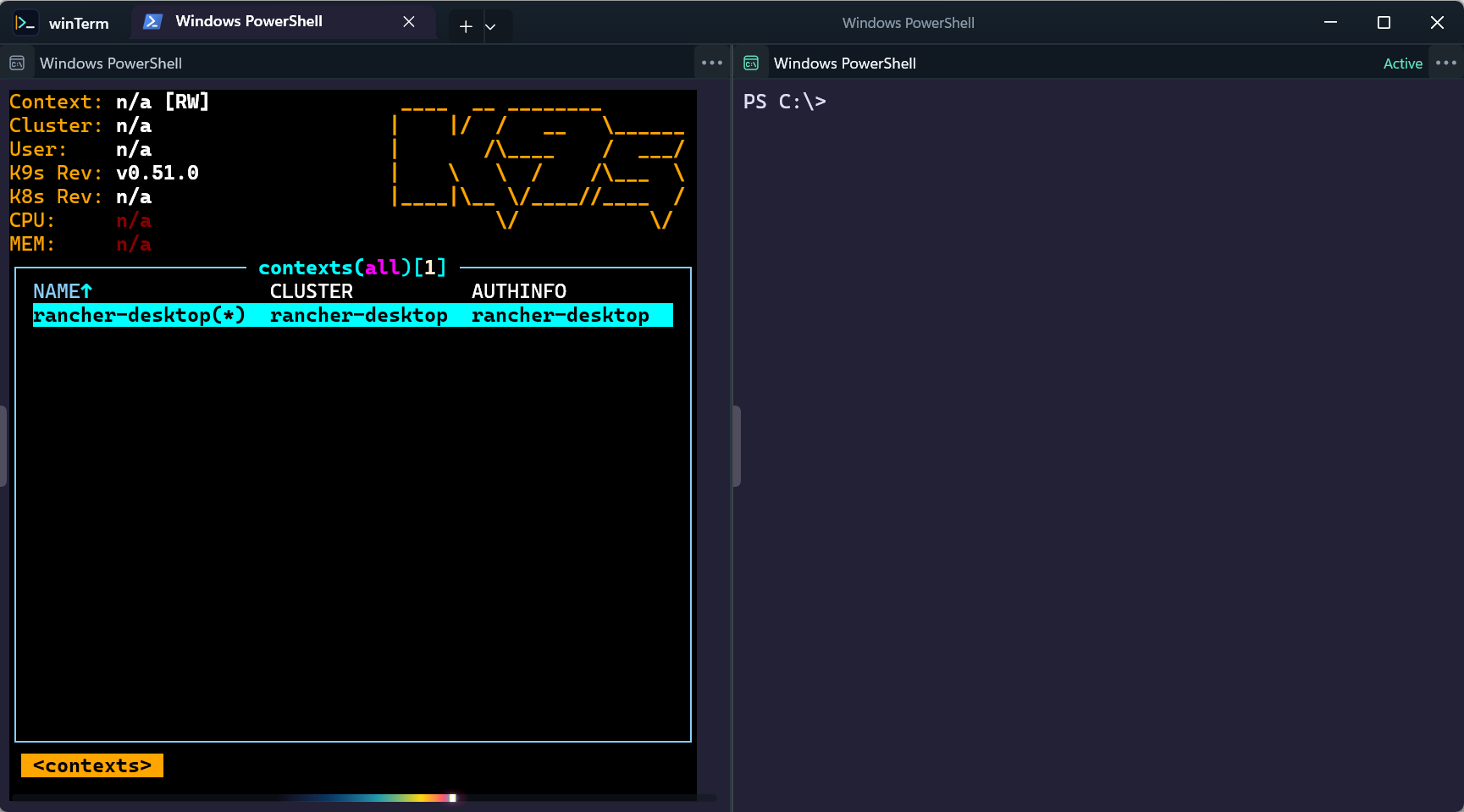 A winTerm pane running the k9s Kubernetes terminal UI with Visual Progress active: the luminous launch comet sweeps the track once at the bottom of the pane while the application keeps running.
