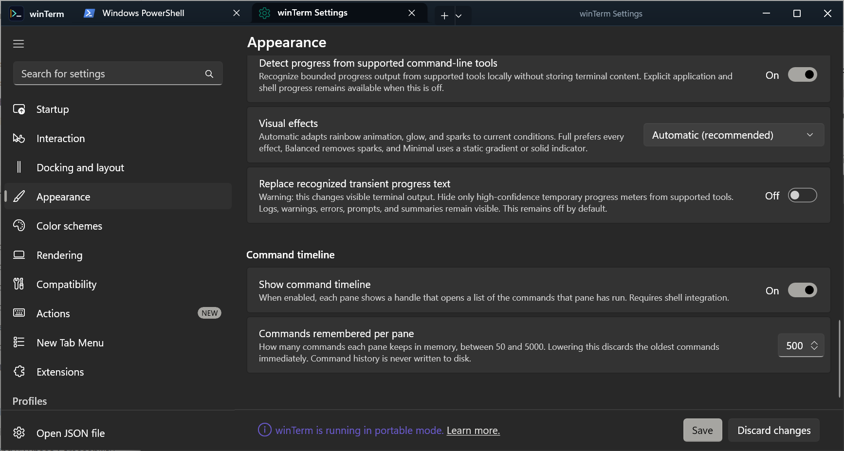 winTerm Settings on the Appearance page showing the Command timeline section with the show toggle and the commands-remembered-per-pane limit.