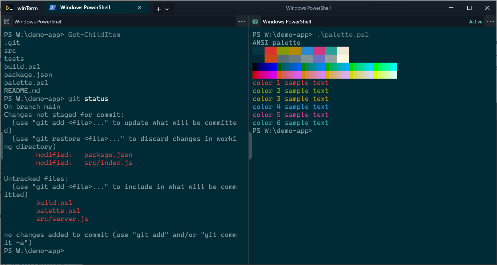 winTerm split panes rendered in the Solarized Dark color scheme with ANSI colors and pane headers.