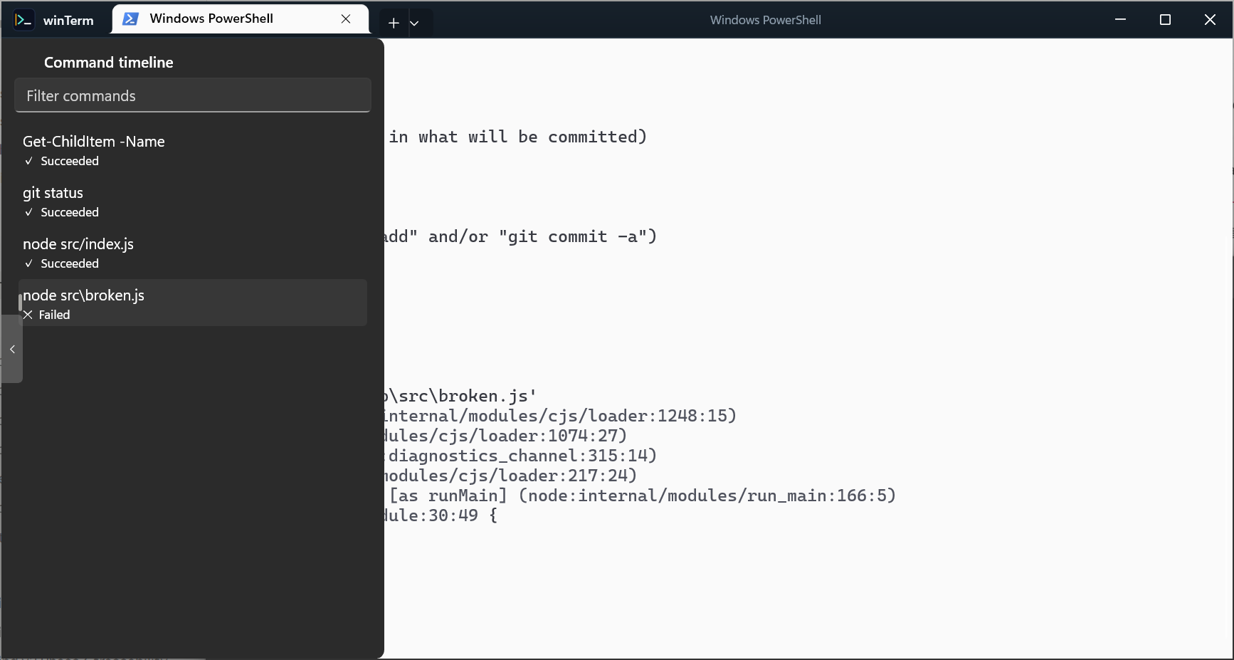 winTerm using the One Half Light color scheme with the Command Timeline open over a light terminal background.