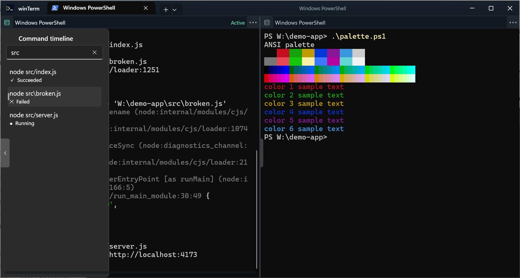 The winTerm Command Timeline filtering commands with a search query, showing succeeded, failed, and running entries for a PowerShell pane.